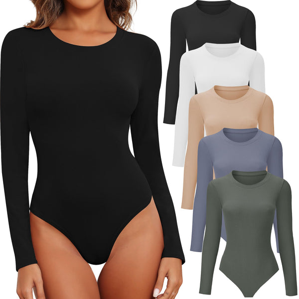 JOVCOVL Womens Long Sleeve Bodysuit Round Neck Bodysuit Shirts for Women Crew Neck Body Suits Tops Fall Body Suit Pack