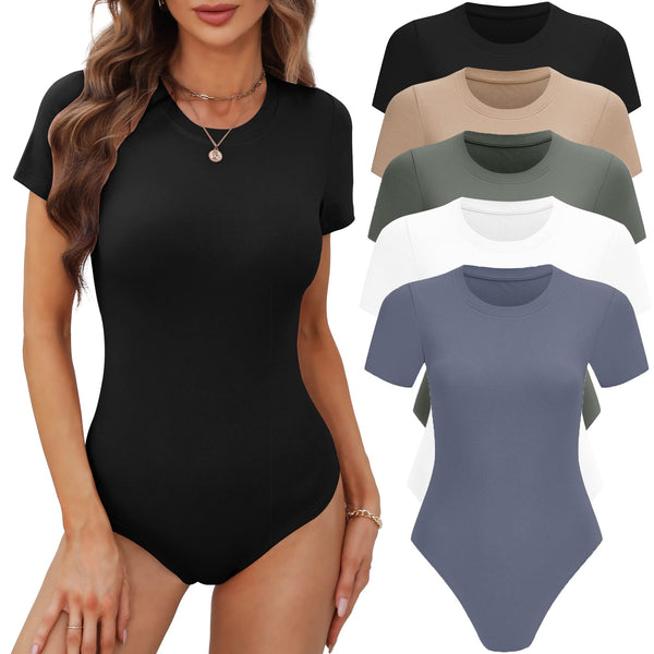 JOVCOVL Women's 4/5 Pack Short Sleeve Round Neck Bodysuit Tops Crew Neck Basic Casual Tshirt Bodysuits